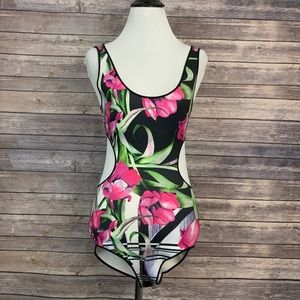 🍀 Clover Canyon Open Back RARE UNIQUE One Piece Floral Scuba Neoprene Swimsuit